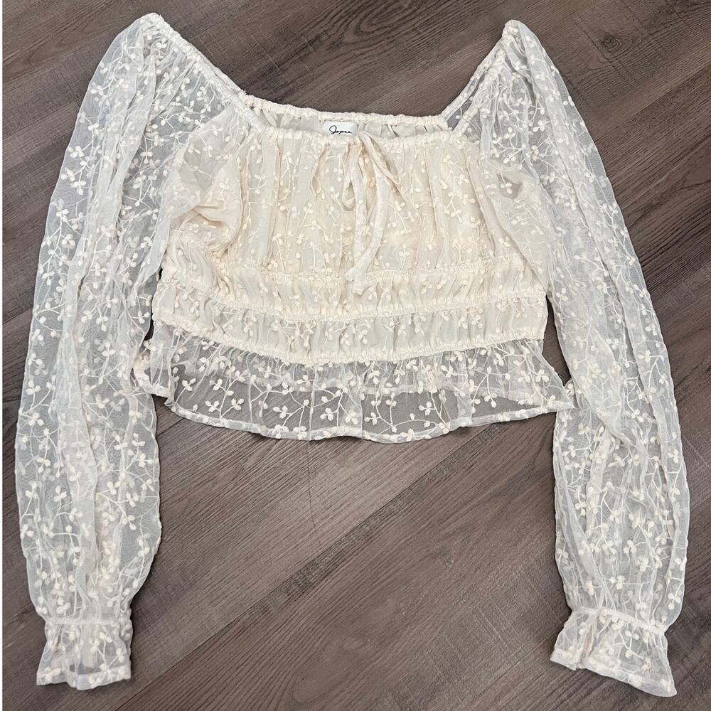 Japna Sheer Sleeve Cream Embroidered Floral Smocked Blouse